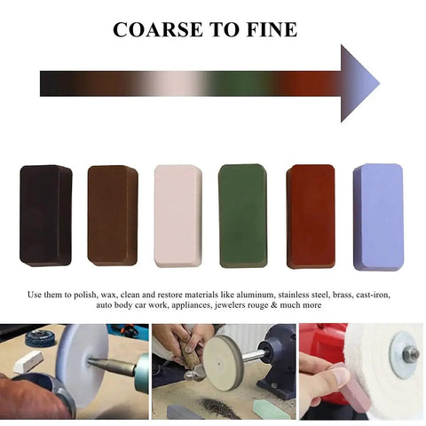 Set of six buffing compound bars from coarse to fine, including green buffing compound bar for metal polishing, on display