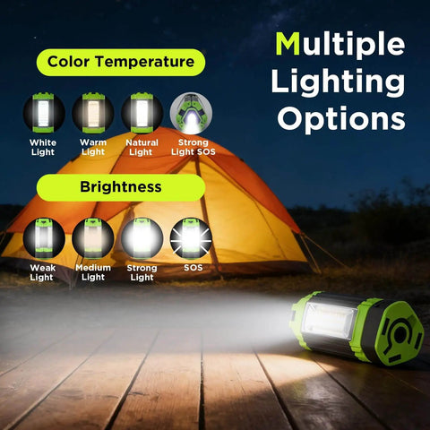 2700 Lumen Camping Emergency Light With 12000mAh Built In Power Bank placed in front of a tent, showing lighting options, green.