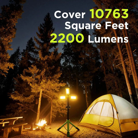 2700 Lumen Camping Emergency Light With 12000mAh Built In Power Bank, Telescopic Tripod Stand, lighting up campsite with tent