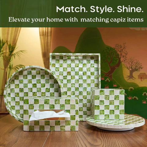 12 Inch Checkered Lazy Susan Handcrafted Capiz Shell Turntable Inlaid On Pine Wood With Pistachio Green Checker Pattern