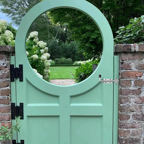 Green garden gate featuring a 12 Pack 5 Inch Silver Spring Loaded Latch Pins For Doors And Cabinets 304 Stainless Steel Door Latch Pins