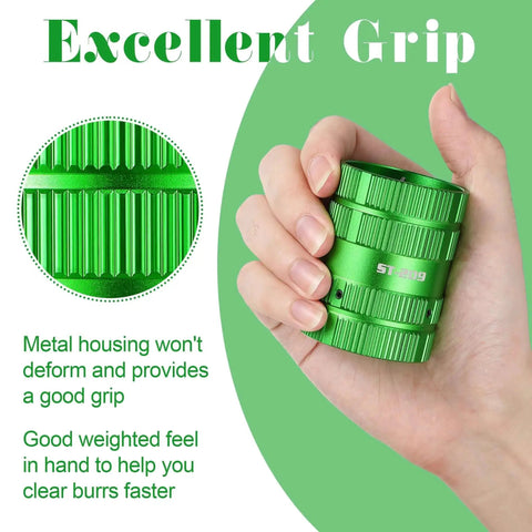 All In One Deburring Cutter And Tube Reamer For Copper PVC And Metal Pipes With Easy Grip Handle, green finish shown in hand