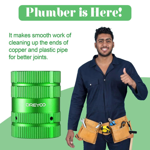 All In One Deburring Cutter And Tube Reamer For Copper PVC And Metal Pipes With Easy Grip Handle For Smooth Inner And Outer Chamfering Ranging From One Quarter Inch To One And Five Eighths Inch Green Finish next to a person in overalls with a tool belt.