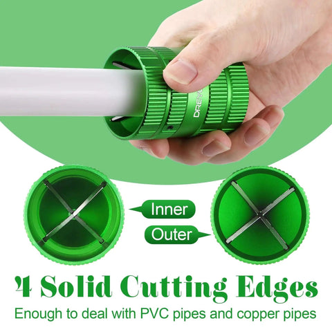 All In One Deburring Cutter And Tube Reamer For Copper PVC And Metal Pipes With Easy Grip Handle For Smooth Inner And Outer Chamfering Ranging From One Quarter Inch To One And Five Eighths Inch Green Finish held cutting PVC pipe