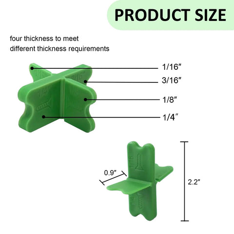 4 In 1 ABS Deck Spacer Tools Set For Accurate Deck Gaps With Four Sizes One Sixteenth One Eighth Three Sixteenths And One Quarter Inch Pro Grade Reusable Green 9 Pack For Pressure Treated And Composite Decking, showing thickness options