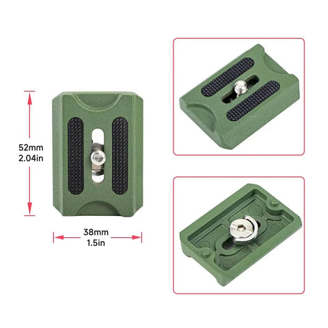 Green DSLR Camera Tripod Ball Head 38mm with 360 Degree Swivel U Shaped Groove Design Quick Shoe Plate, top and side views