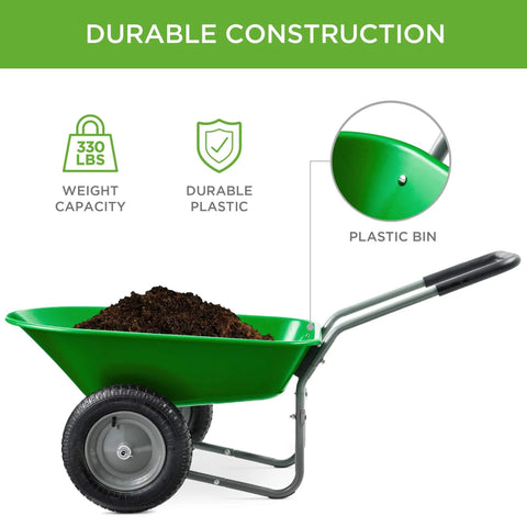 Dual Wheel Home Utility Yard Wheelbarrow Garden Cart with Built In Stand 5 Cubic Foot Capacity 330 lb Load Bright Green shown with soil
