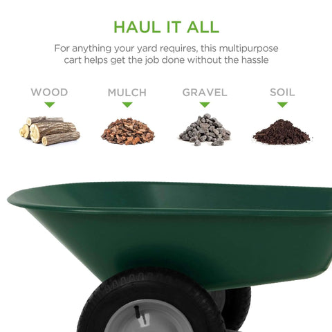 Dual Wheel Home Utility Yard Wheelbarrow Garden Cart with Built In Stand 5 Cubic Foot Capacity 330 lb Load Green for lawn materials
