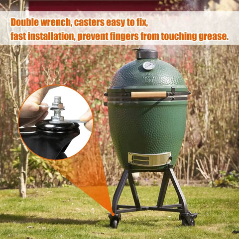 Green Egg rolling cart with caster wheels 4 inch locking stem casters swivel stem casters installation detail inset