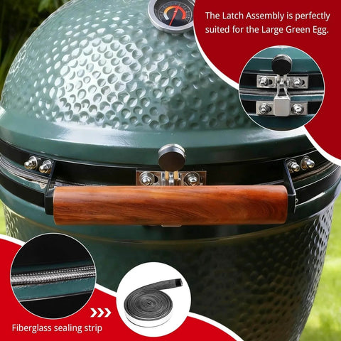 Latch Assembly for Large Green Egg Zinc Alloy Hinge Band Replacement on green grill with fiberglass sealing strip