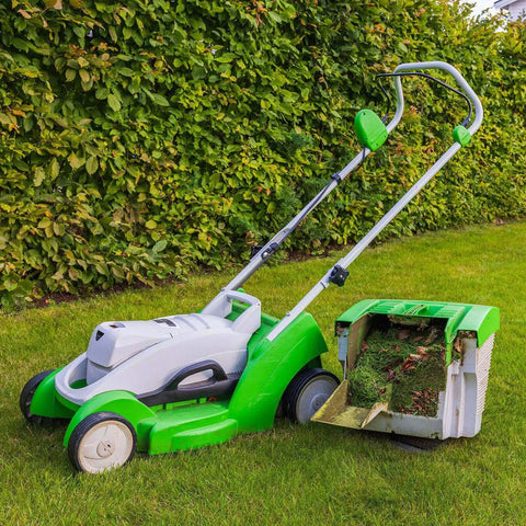 Green and grey lawn mower on grass with detached grass catcher bin, trimmed hedge in background, focus on lawn maintenance equipment.