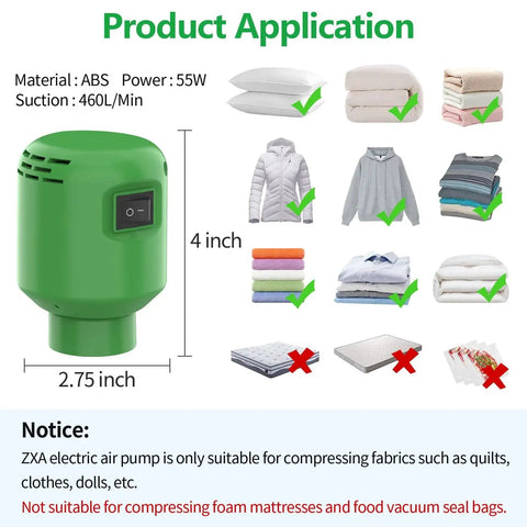Effortless Electric Vacuum Pump For Storage Bags 55W 5000Pa showing product size, power, and application for textiles