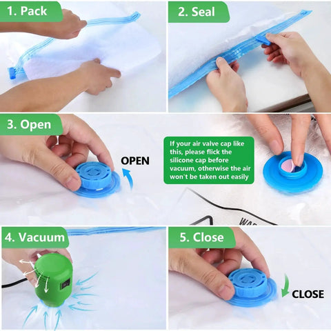 Effortless Electric Vacuum Pump For Storage Bags 55W 5000Pa Portable Travel Vacuum Pump sealing guide with step-by-step use instructions.