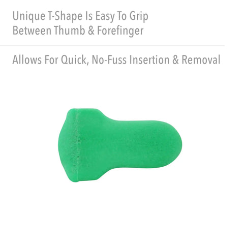 Low Pressure Disposable Foam Earplugs For Smaller Ears, 200 Pairs Green, side view of single T-shaped earplug.