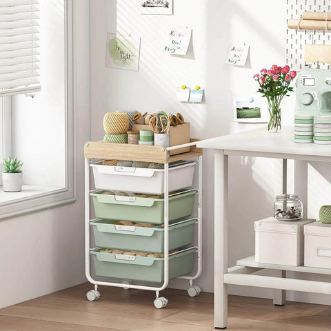 Rolling Storage Utility Cart With Four Drawers For Craft Art Supplies And Makeup Organization On The Go Mobile Cart With Green Finish And Wooden Tabletop Perfect For Kid Rooms Or Office By SYKIARIOL