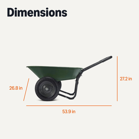 Dimensions of 3.7 Cubic Feet Garden Wheelbarrow with 330 Pound Capacity, Lightweight Steel Frame and Plastic Tub