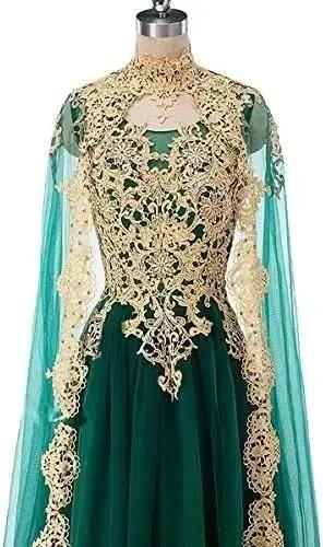Front view of Elegant A Line Bridal Dress With Gold Applique Sleeveless Cape For Formal Wedding Party Evening Prom Ball Gown