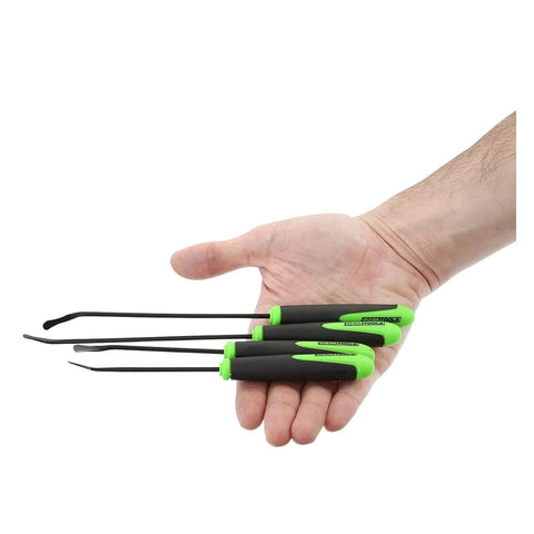 Hand holding O Ring And Seal Removal Pick Set With Short And Long Spoon Picks, 5.5 in and 8.5 in, with green and black handles