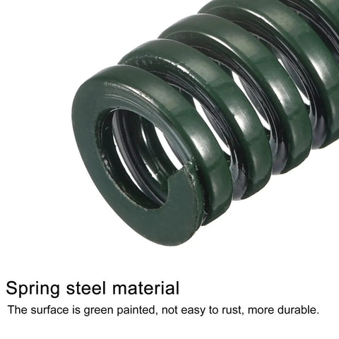 Close-up of Heavy Duty 12mm Outer Diameter Die Springs 70mm Long 2 Pack Green For 3D Printers And Die Machinery with green coating.