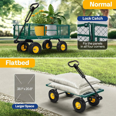 Heavy Duty Garden Cart With 900 Lb Capacity And 38x20 Steel Bed, Rust Resistant Yard Wagon With 10 Inch Wheels, Built In Handle