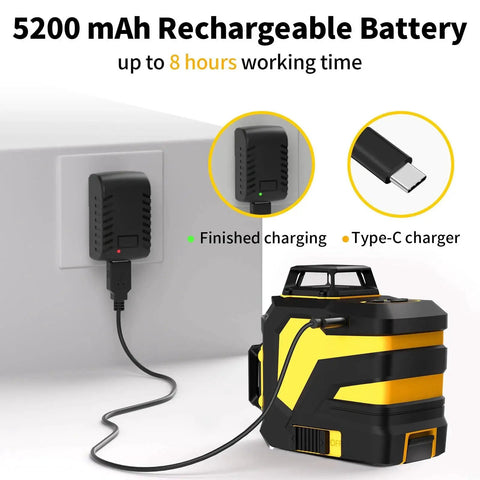 5200 mAh rechargeable battery shown charging the Achieve precise room layouts with a 3x360° green laser level