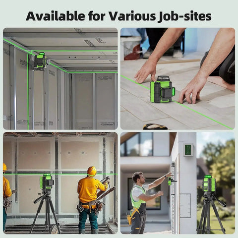 360 Degree Self Leveling Green Laser Level With Triple 360 Degree Cross Lines For Precise Room Layouts And Picture Hanging Rechargeable 4000mAh USB C Battery Magnetic Bracket And Hard Carry Case HM03CG used in various construction settings.