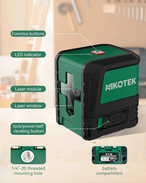 Achieve fast, precise alignment with this compact self-leveling green laser level that projects bright horizontal and vertical lines.