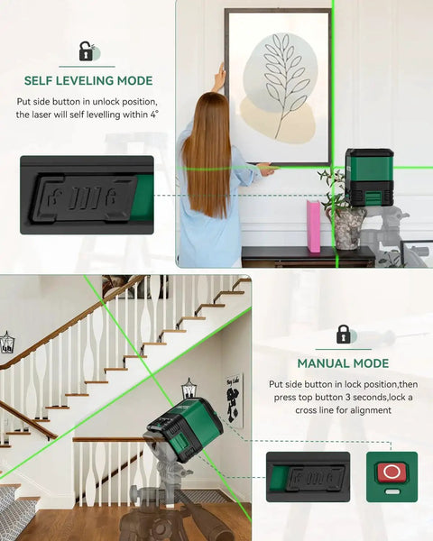 Achieve fast, precise alignment with this compact self-leveling green laser level projecting lines for picture hanging and stairs.