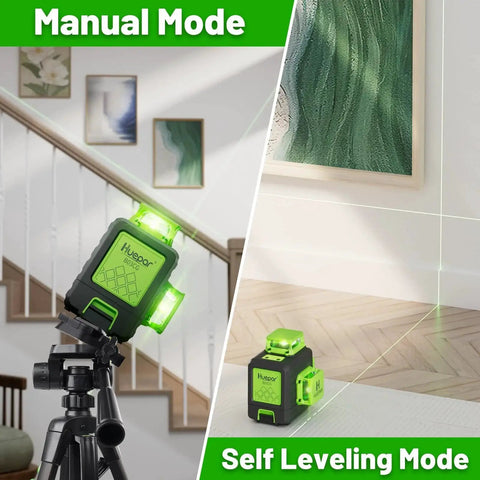 Laser Level 360 Self Leveling With Rechargeable Battery 3x360 Degree Green Laser For Construction And Picture Hanging 3D Layout On Walls Ceilings And Cabinets Magnetic Bracket Hard Case Kit with manual and self-leveling modes in use