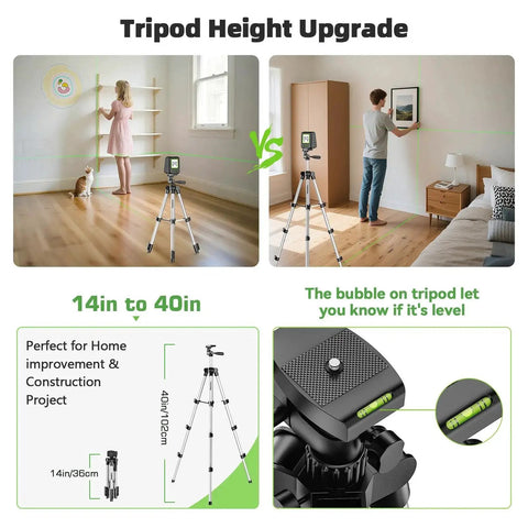 Self Leveling Laser Level With 40 Inch Tripod For Precise DIY Projects, Green Cross Line, tripod set up in room