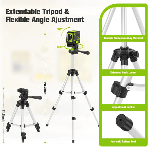 Laser Level With Tripod 100 Feet Green Cross Line Self Leveling 360 Degree Rotating Beam Vertical And Horizontal Projection IP54 Waterproof Battery Operated Pulse Mode For Fast Accurate Indoor And Outdoor Leveling And Alignment displayed on a silver tripod with adjustable height and angle.