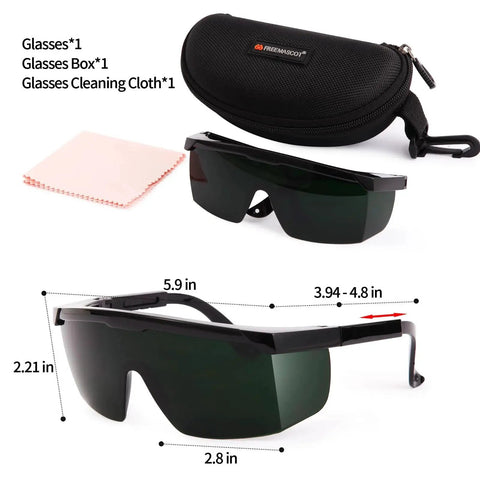 Green Laser Safety Glasses 200nm-2000nm For IPL Hair Removal Eye Protection with case, cleaning cloth, and size dimensions