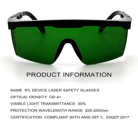 Green Laser Safety Glasses 200nm-2000nm For IPL Hair Removal Eye Protection, green lenses, front view with product info.