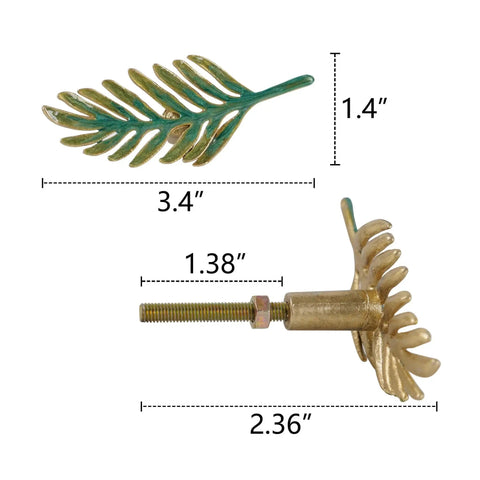 Set Of 2 Metal Green Leaf Cabinet Pulls And Drawer Handles With Simulated Leaf Shape Gradient Color And Glossy Finish, side and top view.