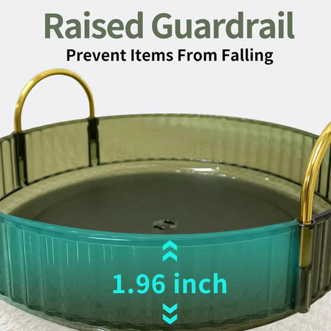 Close-up of green 360 Degree Rotating Makeup Organizer for Vanity showing raised guardrail detail and 1.96 inch height measurement.