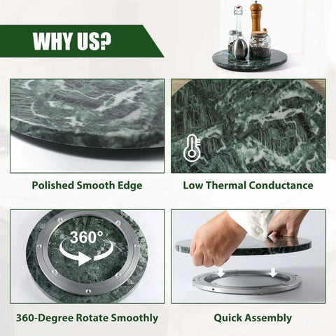 12 inch marble lazy susan turntable made from natural green marble, rotating serving tray designed for countertops with smooth edge.