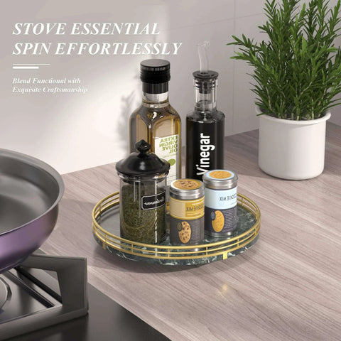 Green marble lazy susan turntable for table top, 10 inch round natural marble tray with gold frame featuring spice containers.