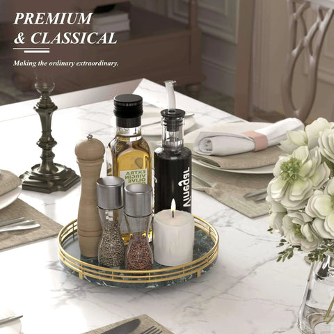 Green marble lazy susan turntable for table top, 10 inch round natural marble tray with gold frame, displaying kitchen items.