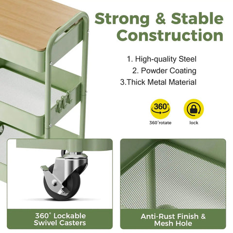 Close-up of Three Tier Rolling Cart With Table Top Heavy Duty Metal Utility Cart With Locking Wheels And Hooks by Johgee, showing lockable casters and sturdy steel construction.