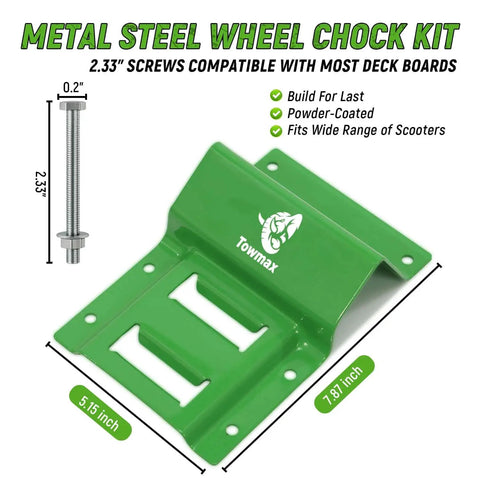 Metal steel wheel chock kit with green powder-coated finish and screws, compatible with All In One UTV Wheel Chock Tie Down Kit By Towmax With 4500Lb Break Strength 4 Pack 2x8 Ft E Track Ratchet Straps For SXS ATV And Lawn Mower Tires Includes Beefed Up Mounting Hardware And Bright Green Storage Bag.