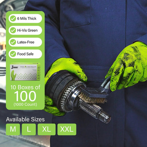 Mechanic using Green Nitrile Mechanic Disposable Gloves With Diamond Grip Latex Free 1000 Count for auto repair