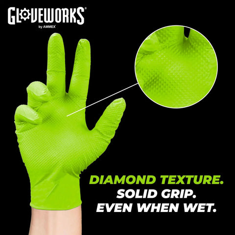 Green Nitrile Latex Free Gloves 8 Mil Heavy Duty Raised Diamond Texture Box 100 showcasing grip details