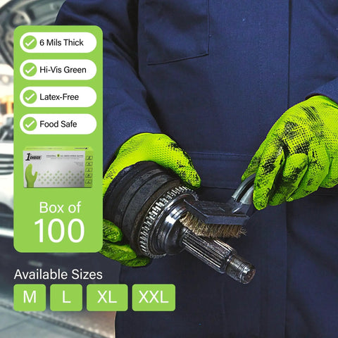 Green Nitrile Gloves Disposable Latex Free 100 Count Large used by mechanic for automotive work