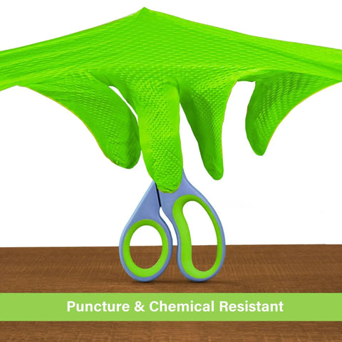 Green Nitrile Mechanic Disposable Gloves With Diamond Grip Latex Free 1000 Count showing flexibility over scissors