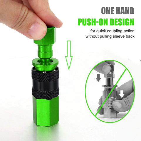 Person holding Pro Grade 17 Piece Aluminum Air Fittings Kit With One Quarter Inch NPT Couplers and Plugs, push-on design.
