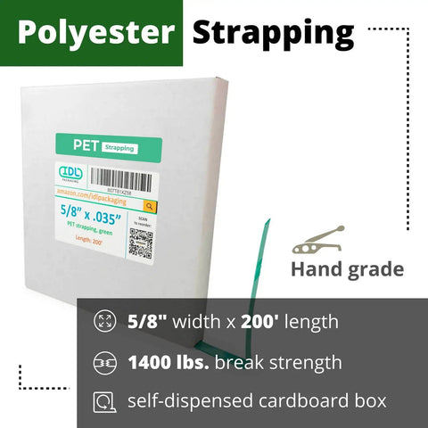 Heavy Duty PET Strapping Coil Five Eighths Inch Wide 0.035 Inch Thick, 200 Feet, 1400 Lbs Break Strength, Green, UV And Water Resistant, Rust Resistant, Flexible Packaging Banding From IDL Packaging For Secure Pallets And Lower Handling Costs