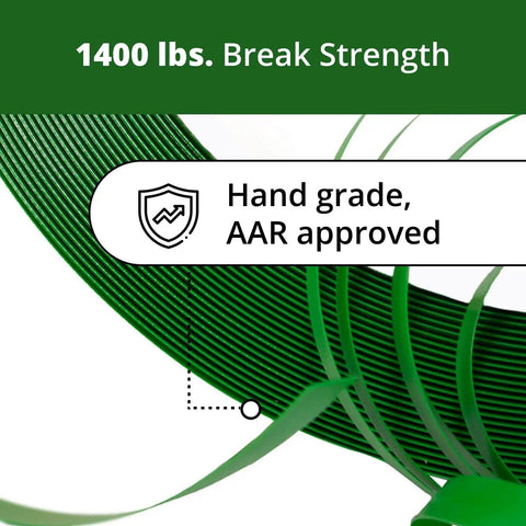 Heavy Duty PET Strapping Coil Five Eighths Inch Wide 0.035 Inch Thick, 200 Feet, 1400 Lbs Break Strength, Green, UV And Water Resistant.