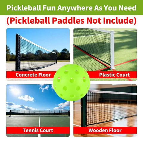 Image showing 100pc Pickleball Balls,40 Holes indoor Pickleball Balls with Mesh Bag on various sports courts: concrete, plastic, tennis, and wooden floor