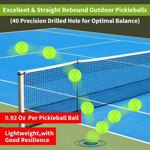 50pc Pickleball Balls,40 Holes Indoor pickleball balls with Mesh Bag,8mm Precision Drilled-Spaced Pickle ball Set-Professional Plastic Ball for Pickleballs Paddles&Indoor or Outdoor Sport Court(green), bouncing on a court.