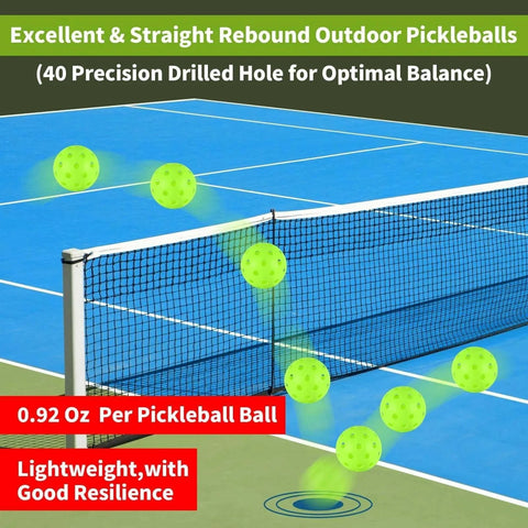 Green 4 pcs Pickleball Balls with 40 Holes on an Indoor/Outdoor Court, showing precision drilled design and lightweight build